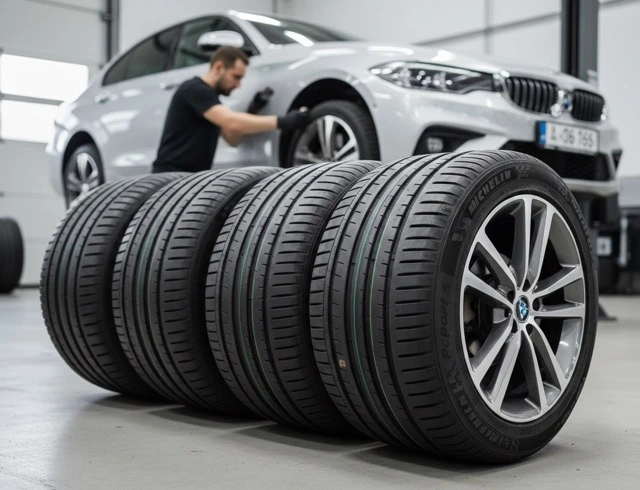 Súprava nových letných pneumatík pripravených na montáž na osobné auto v autoservise. Prezutie auta na letné pneumatiky v pneuservise.